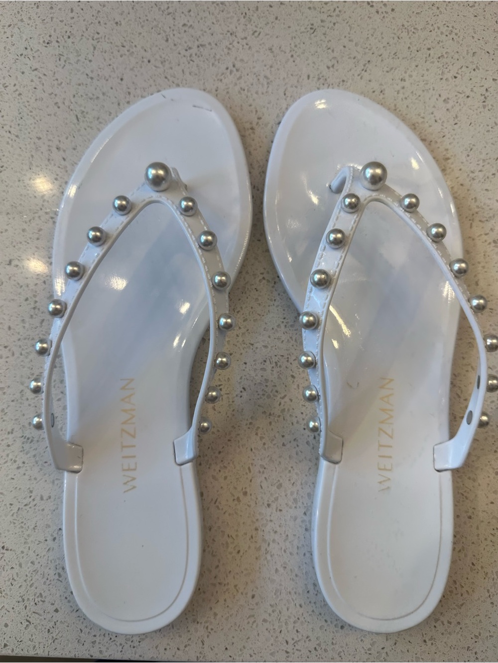 Stuart Weitzman White Jelly Flip Flops with Silver Pearl Studs